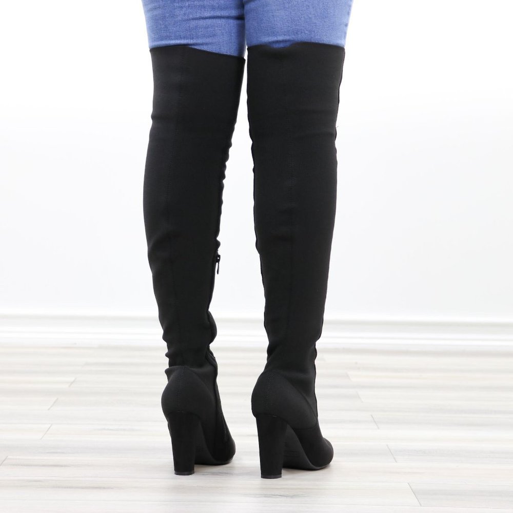 Faux Suede & Stretchy Material Thigh High Boots - Picture 7 of 13